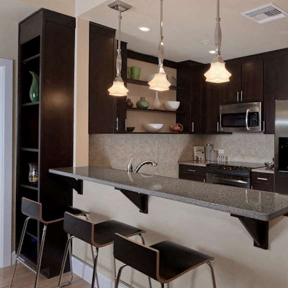 a modern kitchen with dark cabinets, stainless steel appliances, a breakfast bar with pendant lights, and built-in open shelves.