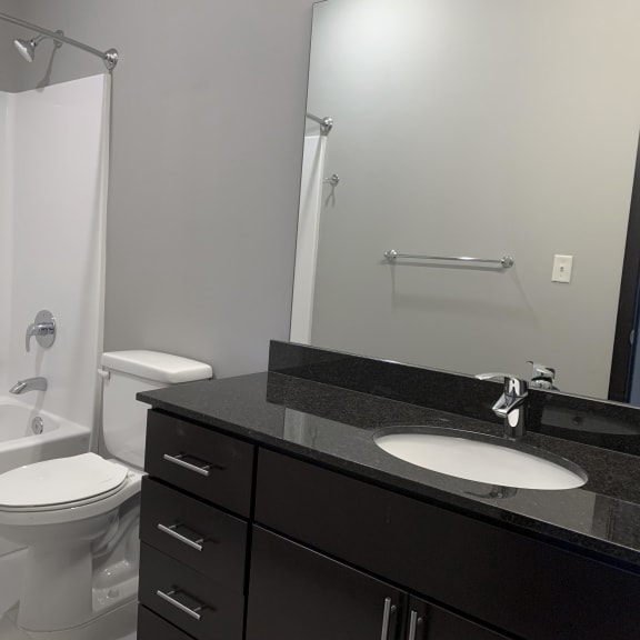 Thumbnail 21 of 21 A bathroom with a white toilet and a black counter top.