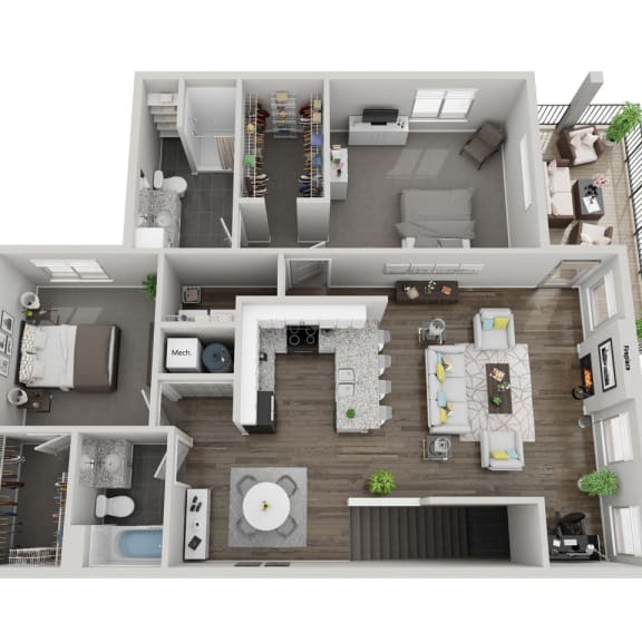 Thumbnail 1 of 3 Olympic two bedroom 3D floor plan at The Villas at Mahoney Park - second floor