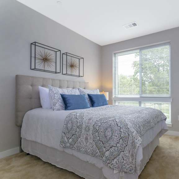 a bedroom with a large window, plush carpet flooring, and ample natural lighting. at keva flats, pennsylvania