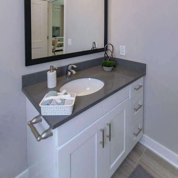 a bathroom sink with a large mirror, sink vanity with quartz countertops, and hardwood-style flooring. at keva flats, exton, pa, 19341