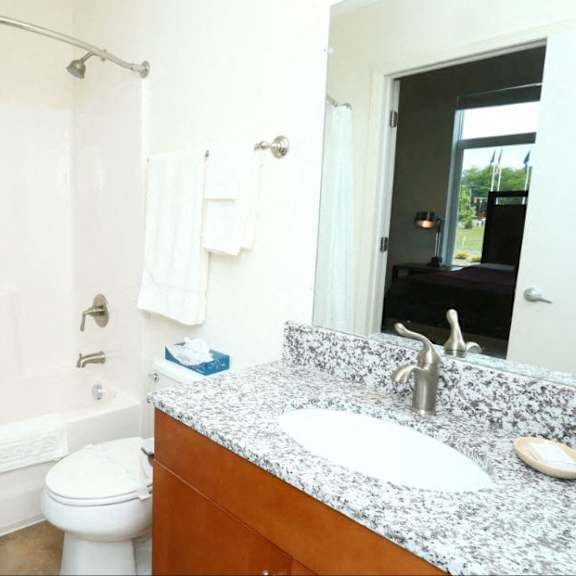 bathroom with sink, mirror, toilet and bathtub  at brooks apartments, midland, mi
