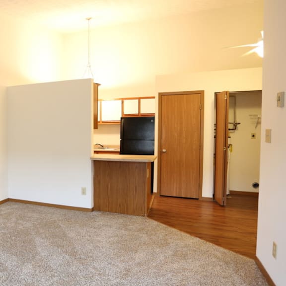 image of a carpeted room and kitchen