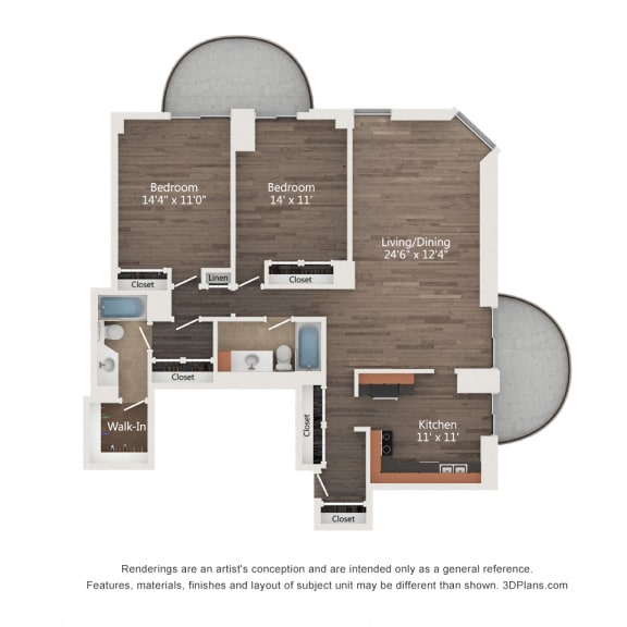 Thumbnail 1 of 3 2  Bed   2  Bath   1,150 Sq. Ft. | 2 Bedroom 02 Floor Plan at Churchill, Minneapolis