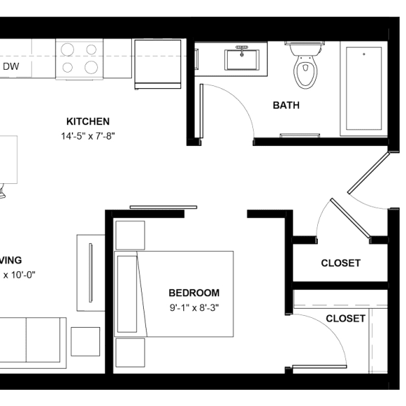 Thumbnail 1 of 6 Harriet 1 bedroom one bathroom floor plan at The Central apartments near downtown Minneapolis MN