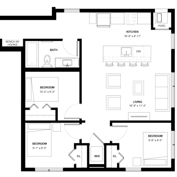 Thumbnail 1 of 4 Powderhorn 3 bedroom apartment at The Central near downtown Minneapolis MN