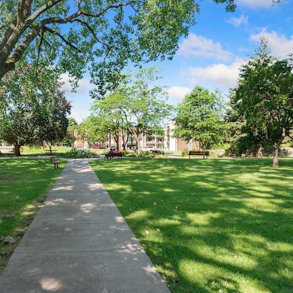 a walkway leads through a park with a large tree on the left at humboldt senior 55+ apartments, saint paul, minnesota