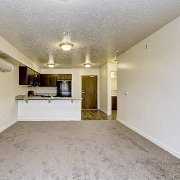 view from living room to kitchen