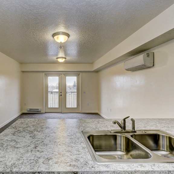 view into living room from kitchen counter