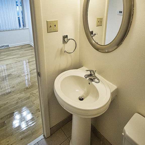 a bathroom with a sink and a mirror