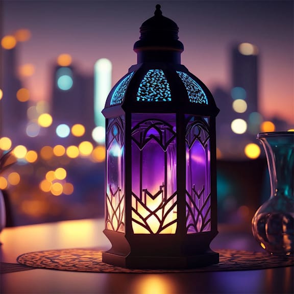 A lit lantern with intricate designs is the focal point of the image.