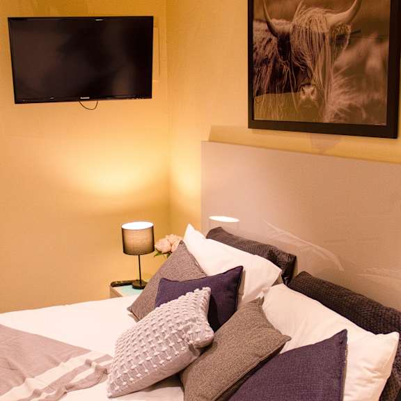 a bedroom with a bed with pillows and a television on the wall