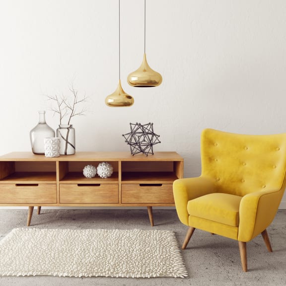 modern living room  with yellow armchair. scandinavian interior design furniture.