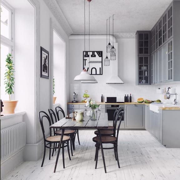modern style dining room is connected to kitchen