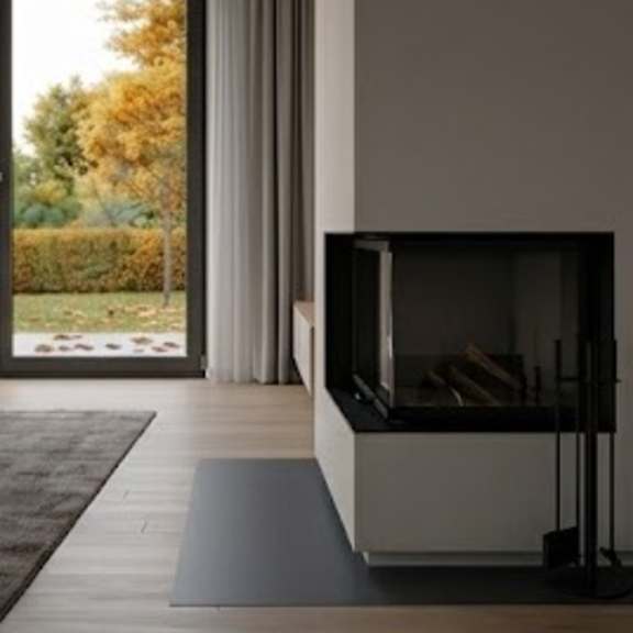 Thumbnail 4 of 4 A modern living room with a fireplace and a view of the garden outside.
