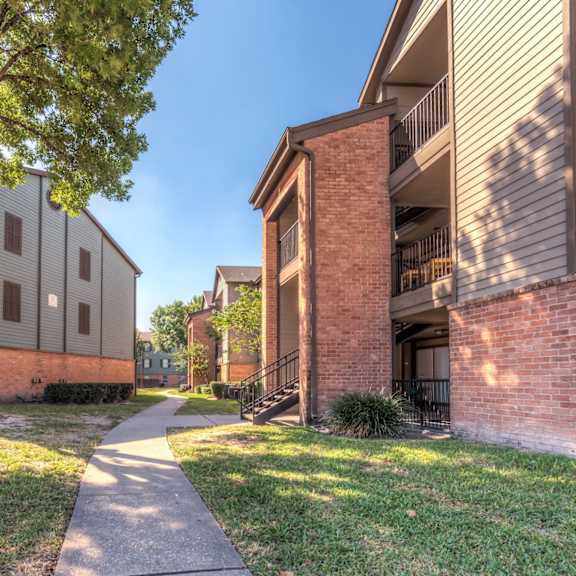 a tree stands in front of apartment buildings.