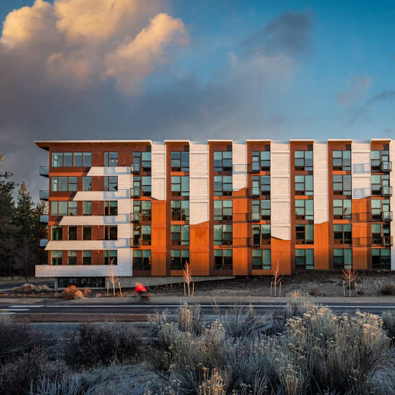 a modern building with a combination of brown and orange hues is surrounded by a field of grey shrubs.