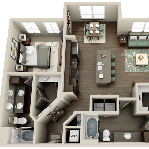 Thumbnail 1 of 2 a 3d floor plan of a house with a bedroom and a living room