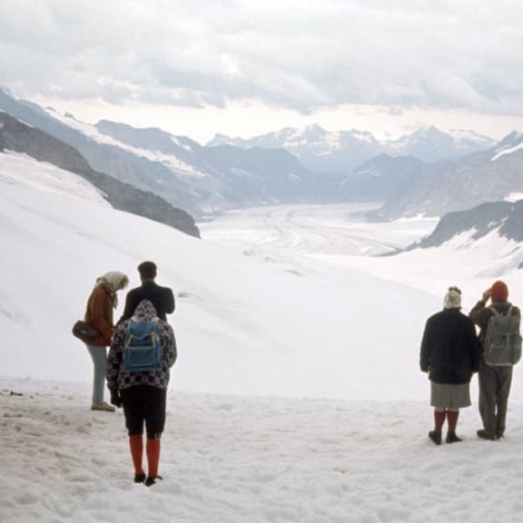 a group of people standing on top of a snow covered glacier