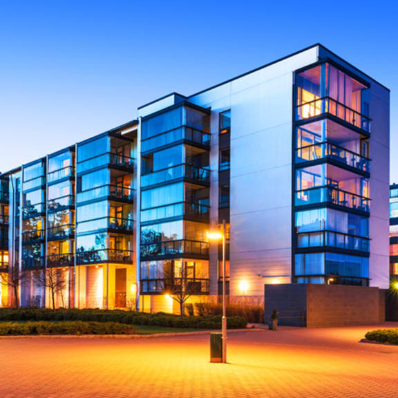 an office building at dusk