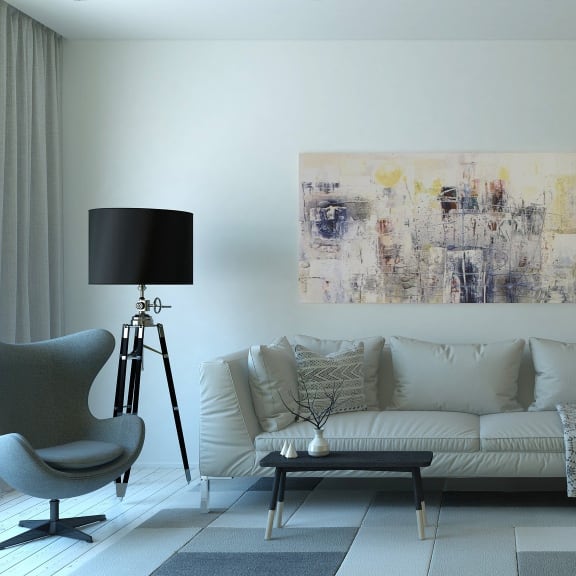 a living room with a couch and a table