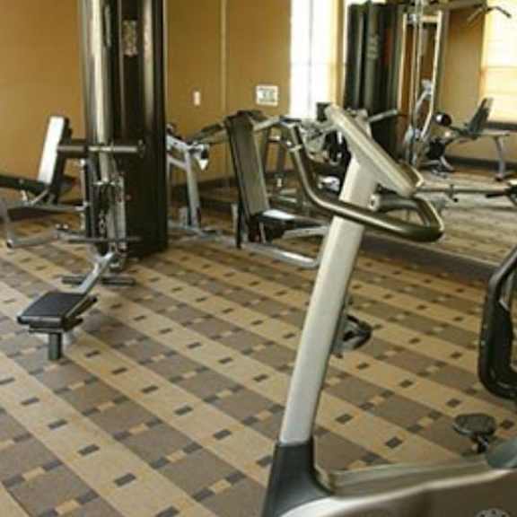 a gym with a variety of exercise equipment including treadmills, stationary bikes, and weight machines.
