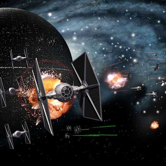 a space battle scene with a large planet in the background.