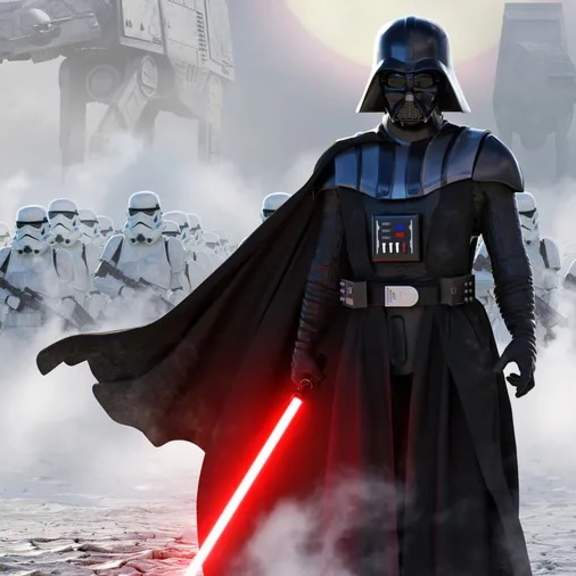 a darth vader figure stands in front of a group of stormtroopers.