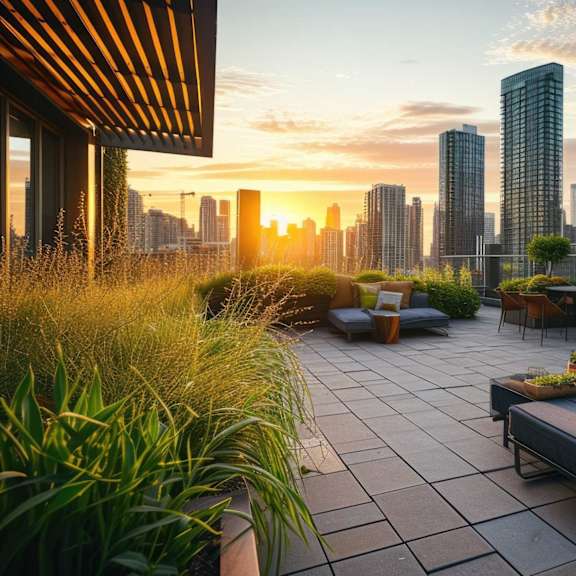 a modern outdoor seating area with a view of the city skyline at sunset.