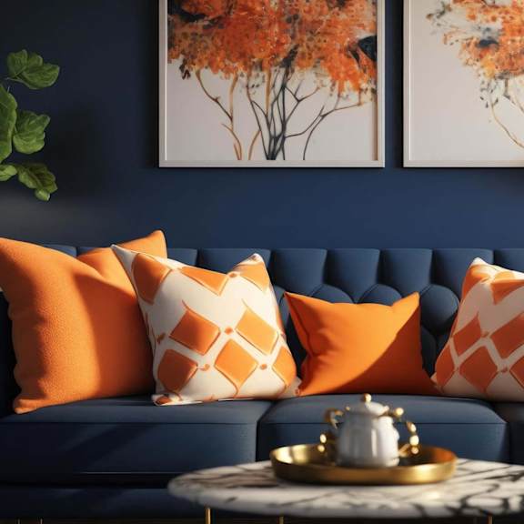 a living room with a blue couch and orange pillows.