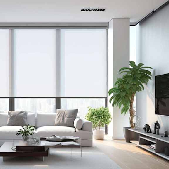 a modern living room with a white sofa, a coffee table, and a large window at bluebell ridge, denver