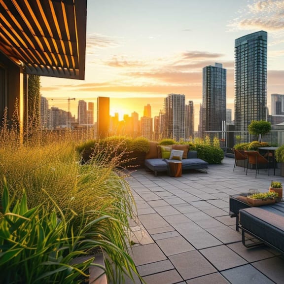 a rooftop patio with a couch and pillows overlooking a city skyline at sunset at bluebell ridge in denver, co