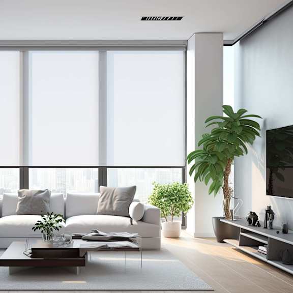 a modern living room with a white sofa set, a coffee table, and a large window.