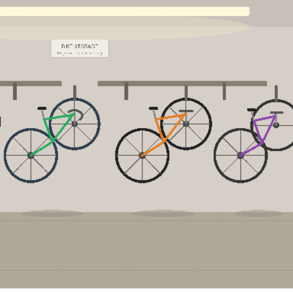 A diagram shows a bike rack with six bicycles, each with a different colored wheel lock.