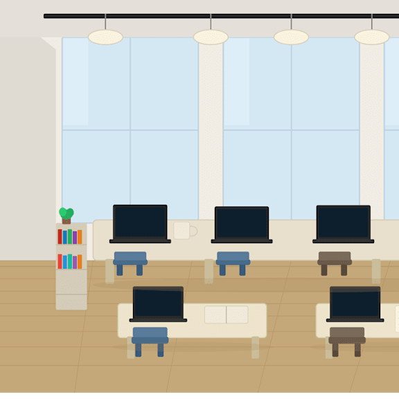 A room with a long row of black TVs on a white stand.
