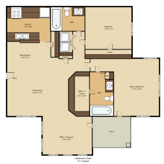 a floor plan of a house with a living room, dining room, kitchen, two bathrooms, two bedrooms, and a porch.