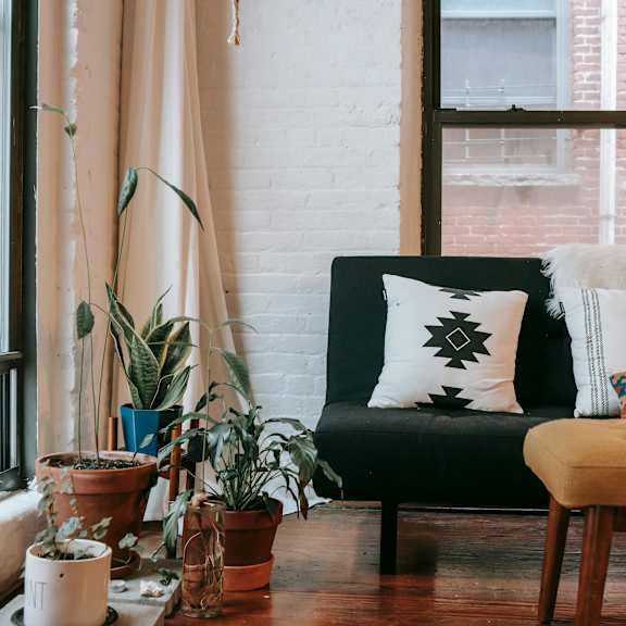 a living room with a black couch, a wooden table, and several potted plants.