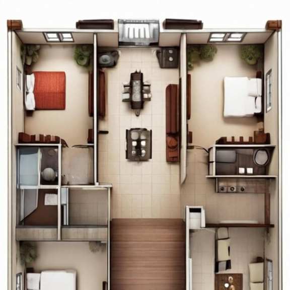 Thumbnail 2 of 2 A 3D floor plan of a small apartment with a kitchen, living room, and bathroom.
