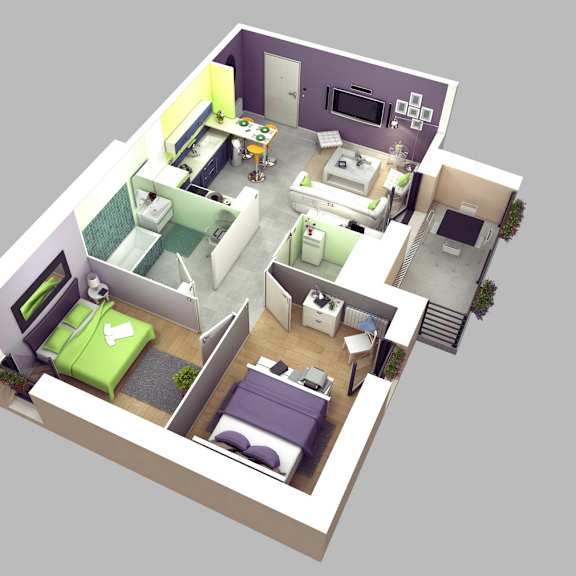Thumbnail 3 of 5 A 3D floor plan of a house with multiple rooms.