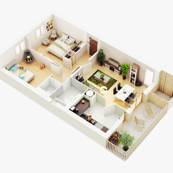 Thumbnail 2 of 5 A 3D floor plan of a house with a kitchen, living room, and bathroom.