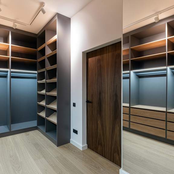 a room with a wooden floor and a brown door.