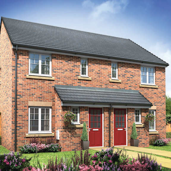 Thumbnail 1 of 2 A red brick house with a black roof and a red door.