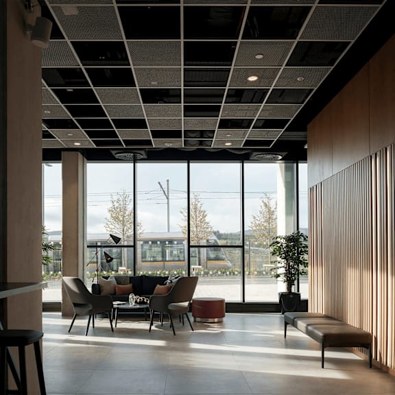 a modern waiting area with a view of the outside. at cherrywood apartments, d18 vy3v, dublin 18
