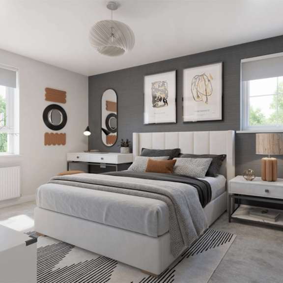 a modern bedroom with a large bed, a mirror, and two framed pictures on the wall.