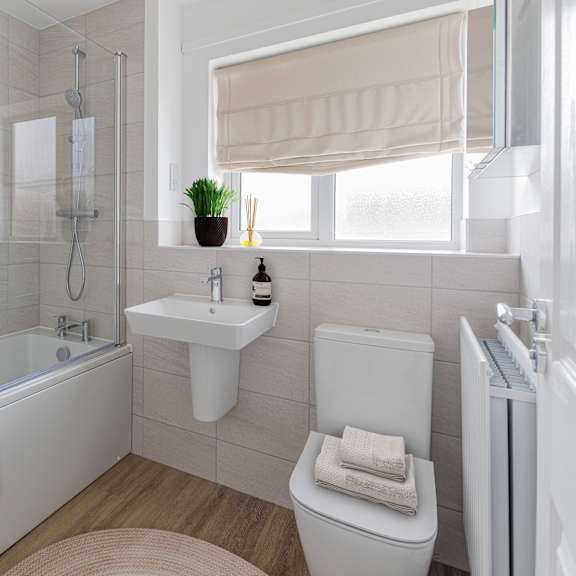 Thumbnail 2 of 3 A white bathroom with a towel on the tub and a plant on the window sill.