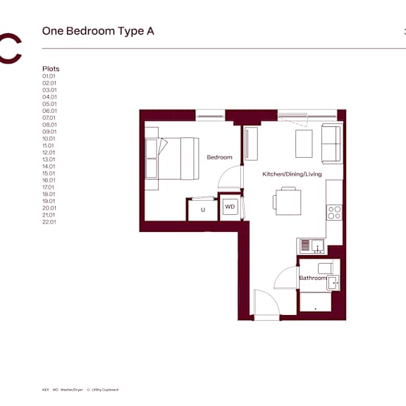 Thumbnail 11 of 11 A floor plan of a One Bedroom Type A apartment with a kitchen, bathroom, and living room.