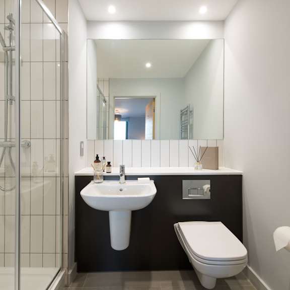 Thumbnail 6 of 6 A modern bathroom with a walk-in shower, sink, toilet, and mirror.