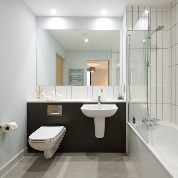 Thumbnail 5 of 5 A white sink is on a black countertop in a bathroom.