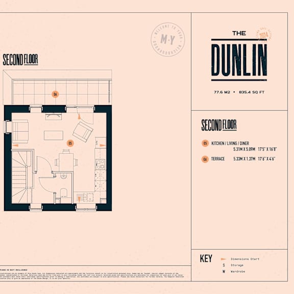 Thumbnail 5 of 5 A floor plan for a second floor apartment with a kitchen, living room, and bathroom.