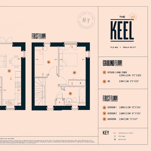 Thumbnail 5 of 6 A floor plan for a property named The Keel, with dimensions of 71.2m2 or 76.64 sq ft, including ground and first floor layouts.